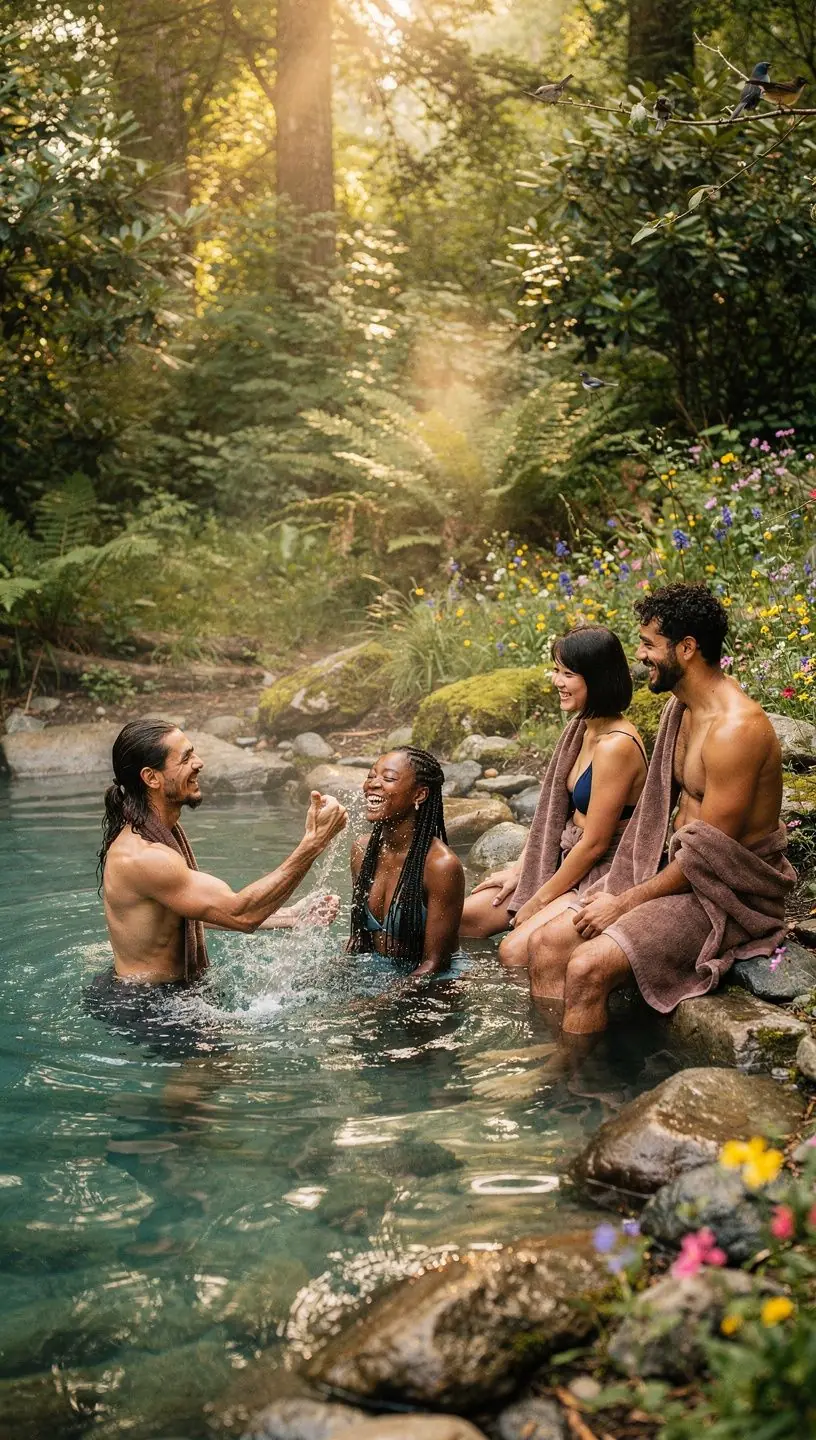 Горячие источники, окруженные камнями и растительностью, на фоне густого леса.