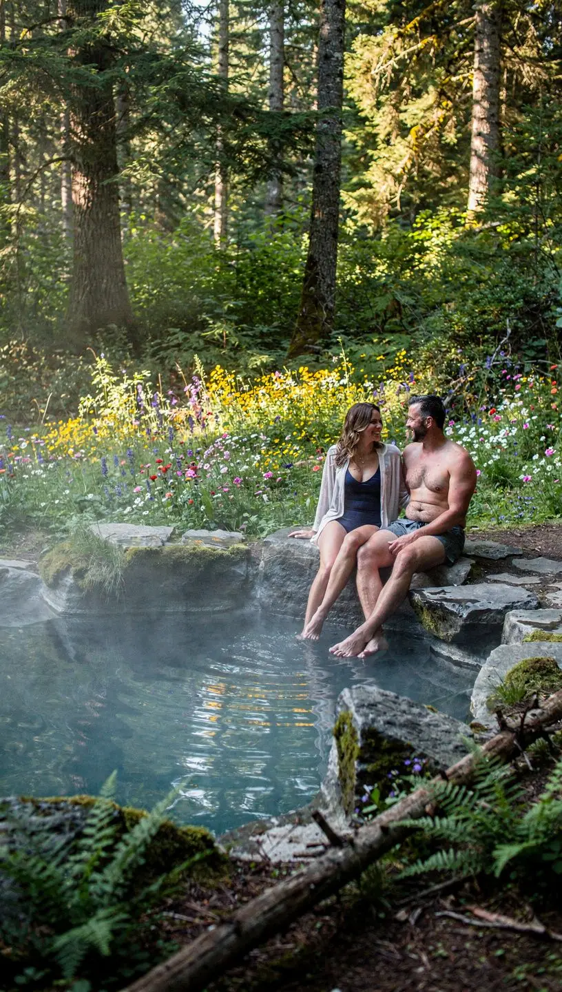 Кристально чистый источник горячей воды в окружении зелени.