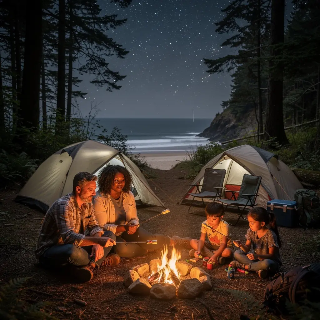 Солнечный пляж с золотистым песком и волнами на фоне леса.