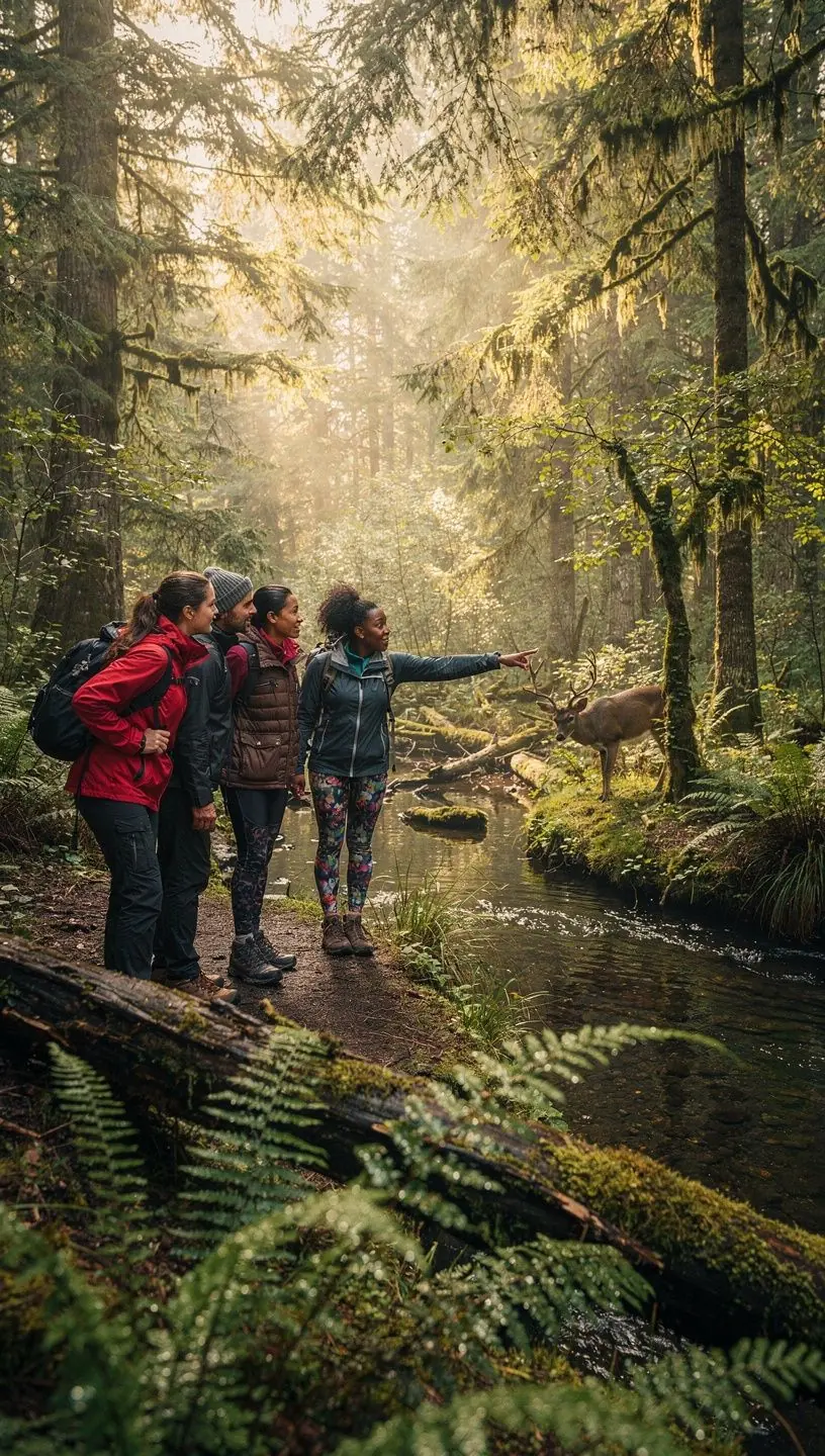 Лесная тропинка в дождевом лесу Олимпийского полуострова, окруженная зелеными деревьями.