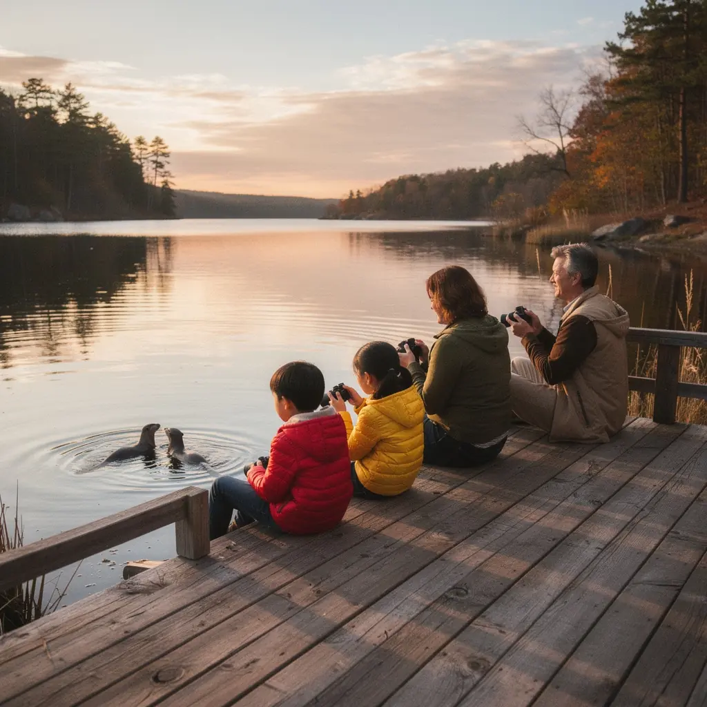Панорамный вид на побережье с утесами и лесом на заднем плане.